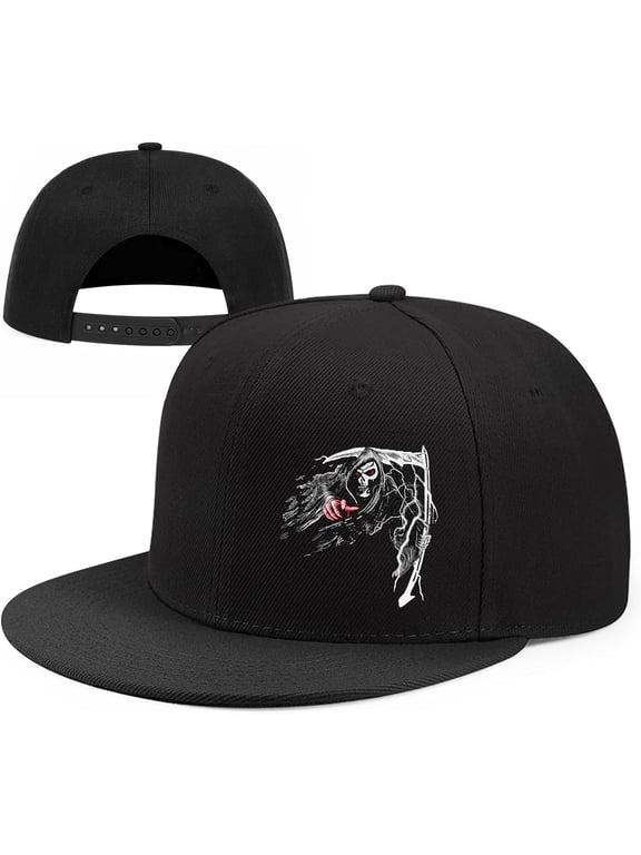 Horror Grim Reaper Scythe Hats Flat Bill Snap Back Hats for Men Flat Brim Black Baseball Cap Devil Skull Finger Snapback