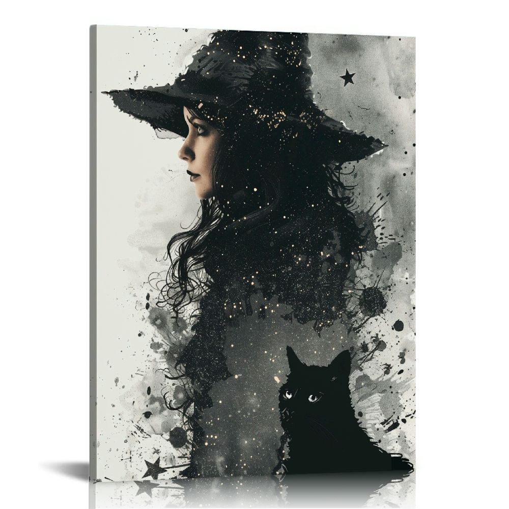 Horror Halloween Canvas Wall Art, Witch and Black Cat Canvas Print ...
