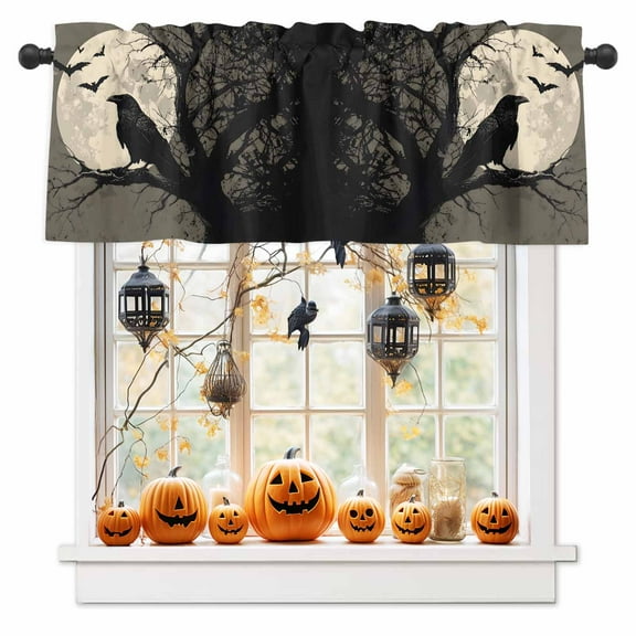 Horror Halloween Crow Bat Full Moon Curtain Valances for Kitchen Windows,Rod Pocket Short Valance Bare Tree Branch Small Window Treatment for Living Room Bathroom Bedroom,54" x 18"-1 Panel