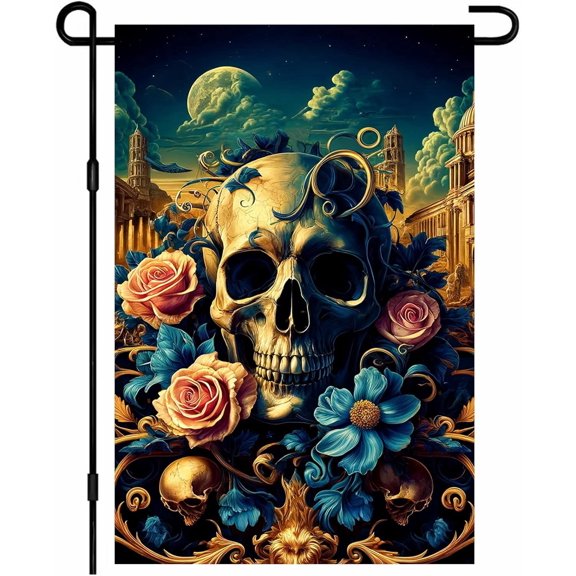 Horror Halloween Garden Flag Floral Skull Moon Gothic Dark Roses 12x18 Inch Outdoor Elegant Yard Banner Decoration for Porch Lawn Patio Home