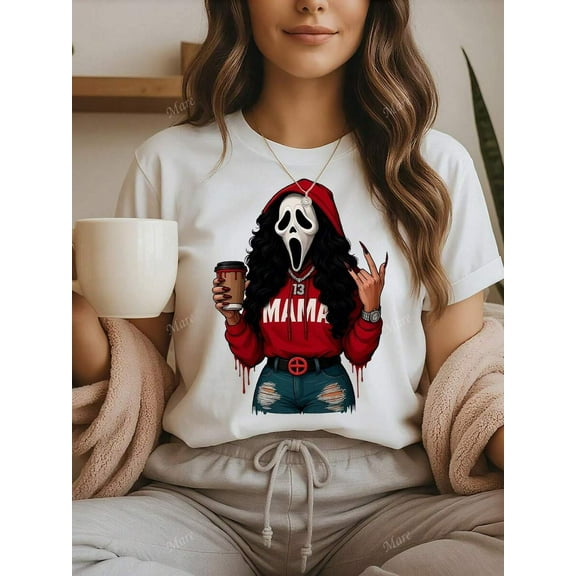 Horror Halloween, Mom Coffee, Horror Mom, Killer Mom, Halloween Women Fall Clothes, Nightmare Before Christmas Women Casual Round Neck Short Sleeve T-Shirt