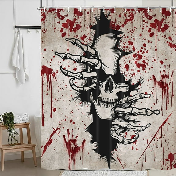 Horror Halloween Shower Curtain for Bathroom, Scary Skull Blood Hand Fabric Shower Curtain Sets, Vintage Skeleton Gothic Waterproof Bath Accessories Decor with Hooks, 70X70in