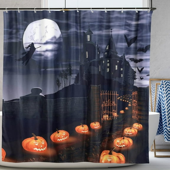 Horror Halloween Shower Curtain Set Scary Pumpkin Full Moon Castle Witch Halloween Bathroom Decors with Hooks 72"x72"