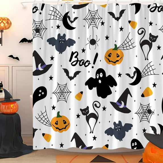 Horror Halloween Shower Curtain Spooky Pumpkin Funny Ghosts Scary Black Bat Moon Gothic Bat Mysterious Witch Hat Cartoon Spider Web Bath Curtain with Hooks