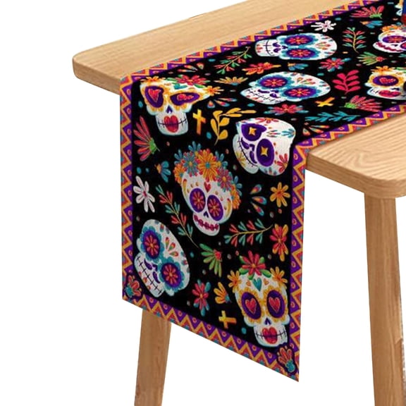 Horror Halloween Skull Table Runner Ethnic Mexico Flower Table Runner Day of The Dead Kitchen Dining Tablecloth Table