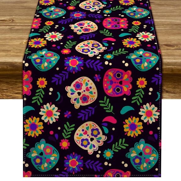 Horror Halloween Skull Table Runner Ethnic Mexico Flower Table Runner Day of The Dead Kitchen Dining Tablecloth Table