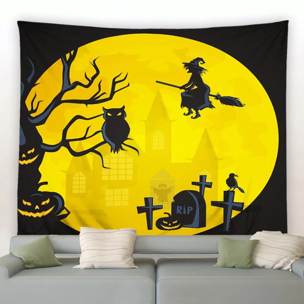 Horror Halloween Tapestry Funny Pumpkin Witch Bat Full Moon Red Forest horror-halloween-tapestry-funny-pumpkin-witch-bat-full-moon-red-forest