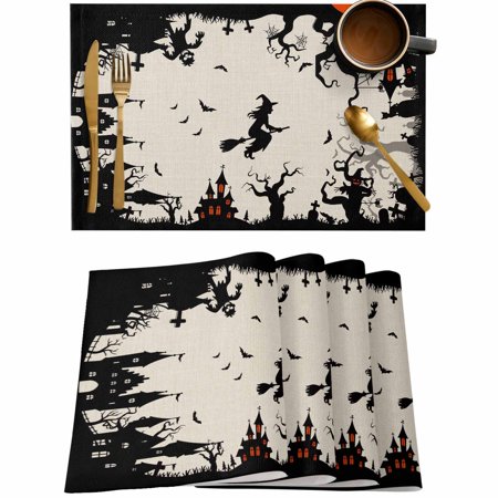 Horror Halloween Witch Dead Trees Placemats Set of 4,Wipeable Washable Table Mats for Dining Tables,Haunted House Retro Linen Place Mats for Kitchen Event Party Tabletop Decor