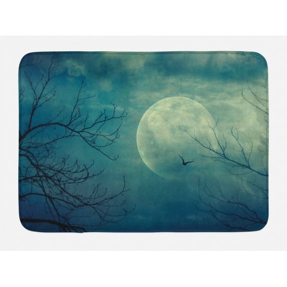 Horror House Bath Mat, Halloween with Full Moon in Sky and Dead Tree Branches Evil Haunted Forest Print, Non-Slip Plush Mat Bathroom Kitchen Laundry Room Decor, 29.5 X 17.5 Inches, Blue, Ambesonne