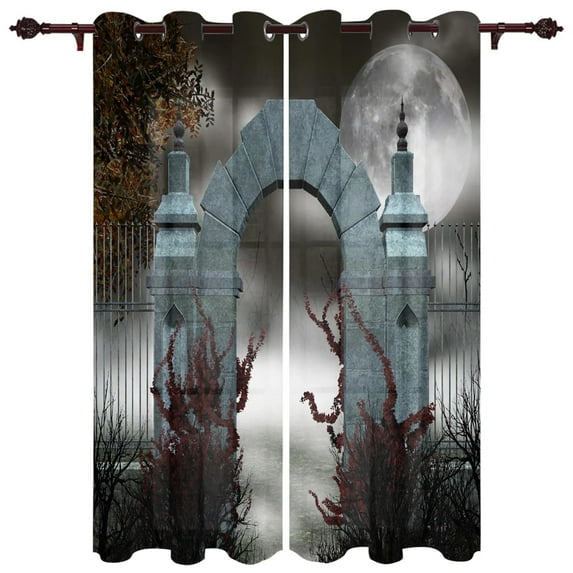 Horror House Curtains Moon Halloween Gothic Gate Living Room Decor Curtains Bedroom Window Drapes Curtains for Kitchen