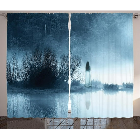 Ambesonne Horror House Curtains 2 Panel Set, Fog Forest Night, 108" x 90", Blue