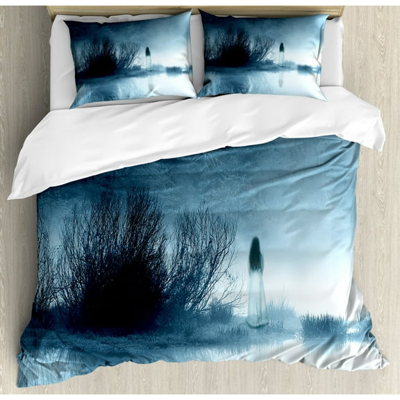 Horror House Decor Queen Size Duvet Cover Set, Mysterious Women in Foggy Forest Bushes Nightmare Haze Lady Scary Hell Artwork, Decorative 3 Piece Bedding Set with 2 Pillow Shams, Blue, by Ambesonne