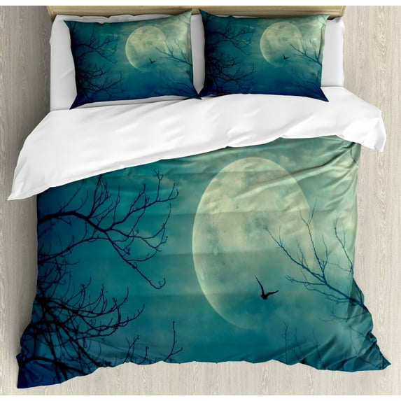 Horror House Duvet Cover Set Queen Size, Halloween with Full Moon in Sky and Dead Tree Branches Evil Haunted Forest Print, Decorative 3 Piece Bedding Set with 2 Pillow Shams, Blue, by Ambesonne