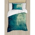 thumbnail image 1 of Horror House Duvet Cover Set Twin Size, Halloween with Full Moon in Sky and Dead Tree Branches Evil Haunted Forest Print, Decorative 2 Piece Bedding Set with 1 Pillow Sham, Blue, by Ambesonne, 1 of 3