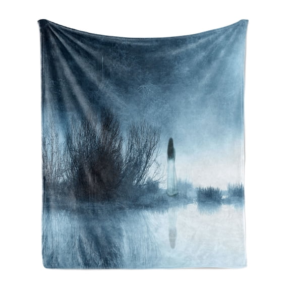 Horror House Soft Flannel Fleece Blanket, Mysterious Women in Foggy Forest Bushes Nightmare Haze Lady Scary Hell Work of Art, Cozy Plush for Indoor and Outdoor Use, 70" x 90", Blue, by Ambesonne
