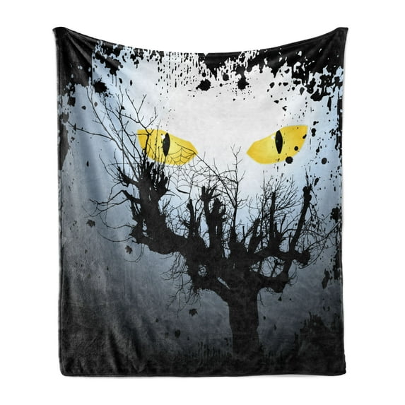 Horror House Soft Flannel Fleece Blanket, Scary Eyes Backgrounded Leafless Old Branch Angry Hunt Cat Animal Creature, Cozy Plush for Indoor and Outdoor Use, 60" x 80", Yellow Black, by Ambesonne