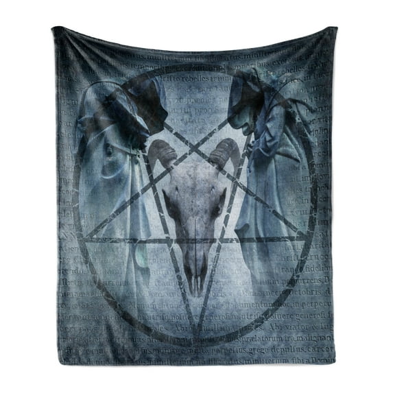 Horror House Soft Flannel Fleece Throw Blanket, Artwork Pentagram Goat Skull Devil Dream Hooded Exorcist Image, Cozy Plush for Indoor and Outdoor Use, 50" x 70", Blue, by Ambesonne