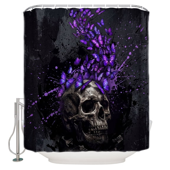 Horror Human Skull Bathroom Shower Curtains with 12 Hooks Waterproof Shower Curtain for Stalls and Bathtubs Scary Purple Butterfly Skeleton Black Decorative Bathroom Privacy Curtain 36x72 Inches