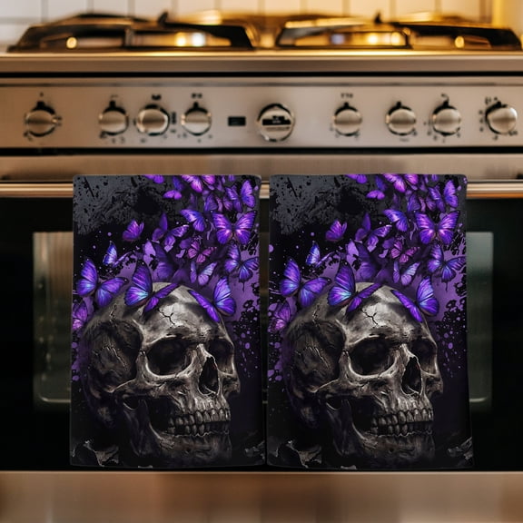 Horror Human Skull Kitchen Towels Set of 1, Scary Purple Butterfly Skeleton Black Absorbent Dish Towels for Kitchen, Microfiber Hand Towel, Quick Drying Tea Towel for Cleaning Decorative Dishcloths