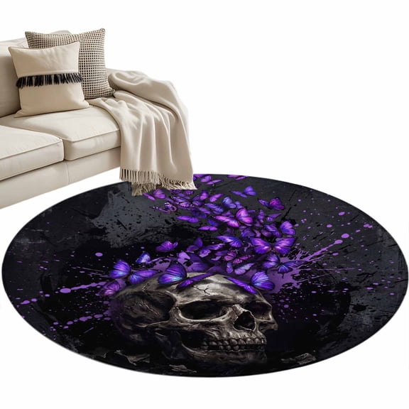 Horror Human Skull Round Rug 3.3ft Washable Circle Entryway Rugs Non Slip Scary Purple Butterfly Skeleton Black Area Rug Indoor Carpet for Bedroom Kitchen Living Room Home Office Dining Room Nursery