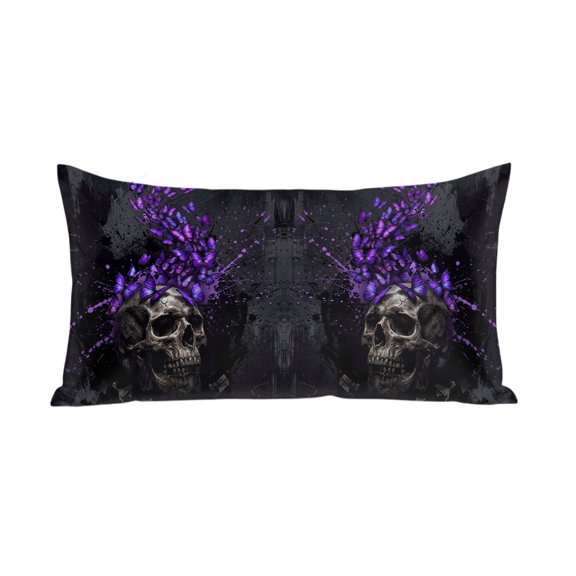 Horror Human Skull Satin Pillowcases with Zipper Cal King Size Cooling Silk Pillow Cases for Hair and Skin Soft Scary Purple Butterfly Skeleton Black Throw Pillow Covers for Women Men 20x40 Inch