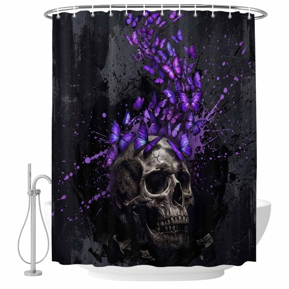 Horror Human Skull Shower Curtain Set - Small 36" x 72" Washable Bathtub Curtain with 12 Hooks, Scary Purple Butterfly Skeleton Black Waterproof Fabric Stall Shower Curtains for Bathroom Décor
