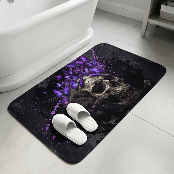 Horror Human Skull Washable Area Rugs for Living Room Bedroom, Large Non Slip Indoor Floor Carpet Absorbent Scary Purple Butterfly Skeleton Black Door Mat Rugs for Bathroom Entryway 47.2"x63"