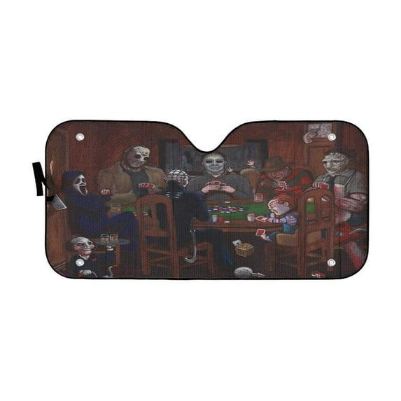 Horror Icons Playing Poker Car Auto Sunshades Windshield Heat Protection, Halloween Decorative Sun Shades Univeral Fit Cars Suv Truck . Halloween Horror Movie Cosplay Car Decor