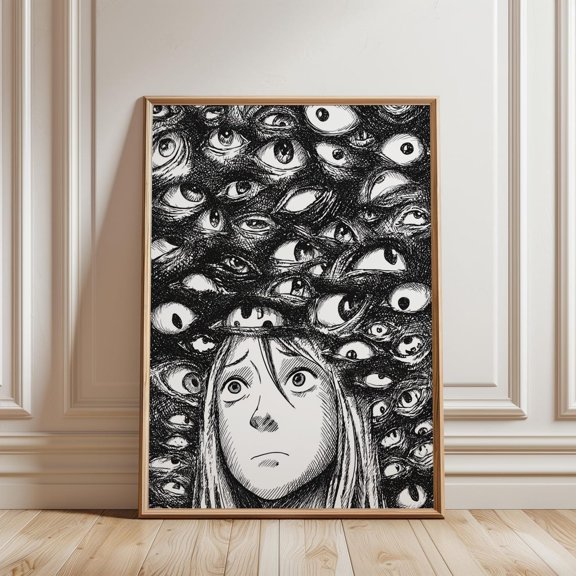 Horror Manga Style Art Print Frightened Girl Watching Eyes Wall Decor, Unframed Paper Print