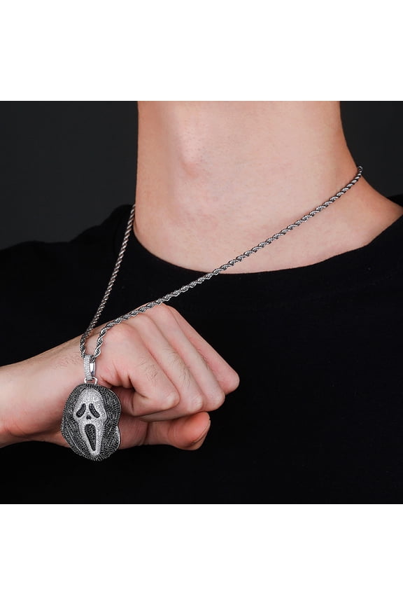 Horror Mask Halloween Screaming Scre Hip Hop Pendant Necklace, Miami Cuban Chain with Black/Clear Zirconia, Easter Christmas Jewelry for Men and Women