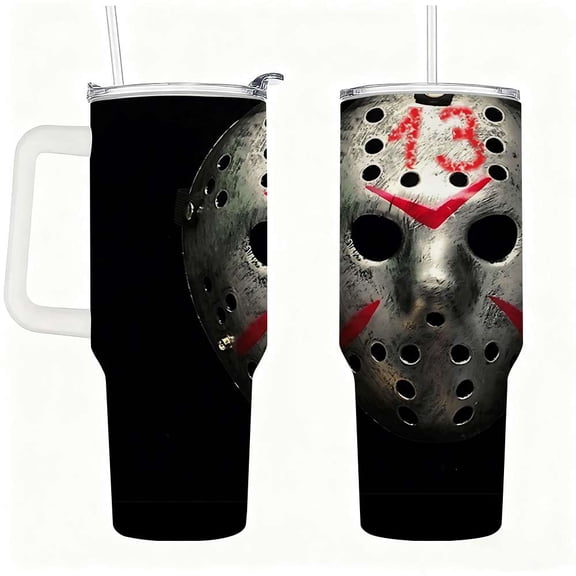 Horror Mask Stainless Steel Tumbler with Handle, Spooky Insulated Cup with Straw