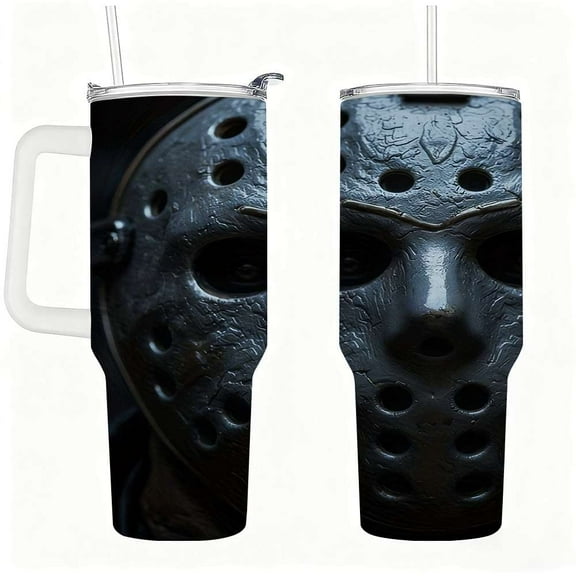 Horror Mask Stainless Steel Tumbler with Handle & Straw, Dark Gothic Insulated Travel Cup