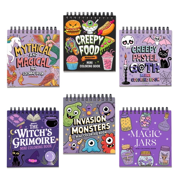 Horror Mini Coloring Book Spiral Bound for Adult, Pack 6, 3.5” x 3.5” Pocket Size, 40 Coloring Pages Stress & Anxiety Relief, Travel for Women Men