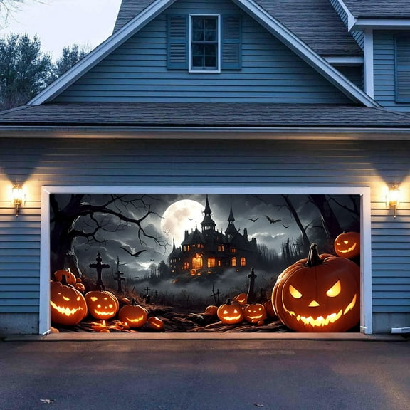 Moon Night Halloween Garage Door Cover Banner 16x7ft Halloween Garage Wall Decorations for Outdoor Home Yard Large Hanging Backdrop Party Decor