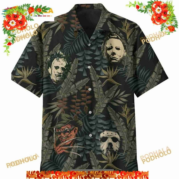 Horror Movie Characters Halloween Scary Tropical Button Hawaiian Shirt
