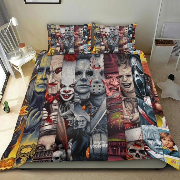 Horror Movie Characters Themed Bed Sheet Set Three Piece Set 36x75 In ches Comfortable And Skin Friendly Unique Design Creating A Star Studded Night Home Gifts For Family Friends fans