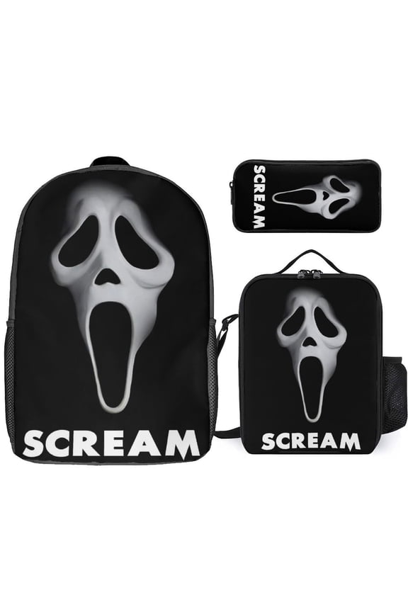 Horror Movie Friends Ghost 3Pcs Game Backpack Set, 17Inch Daypack with Lunch Box And Pencil Case, Casual Large Capacity College Laptop Bag Travel Gifts