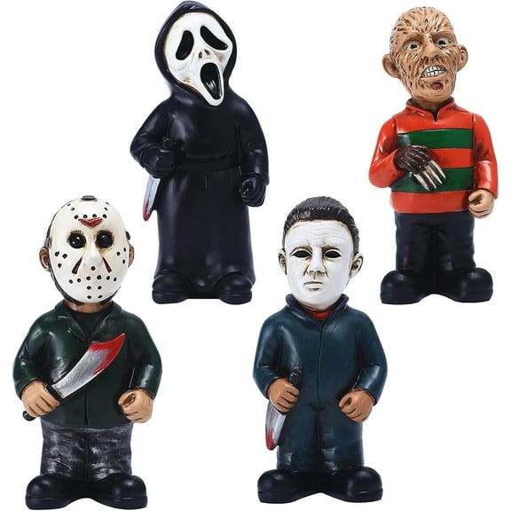 Horror Movie Garden Gnomes Decoration Outdoor Statue Nightmare Jason Michael Myers Figurines Lawn Halloween Decor (4PCS)