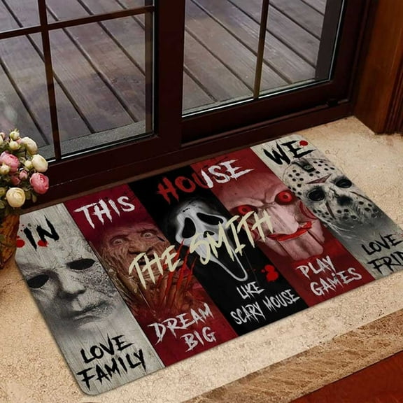 Horror Movie Halloween Doormat for Halloween Decor, Custom Name Horror Halloween Welcome Doormat for Halloween Gift