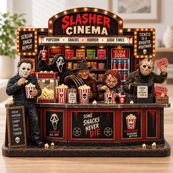 Horror Movie Snack Bar Wooden Block Decor, Retro Cinema Halloween Shelf Sitter
