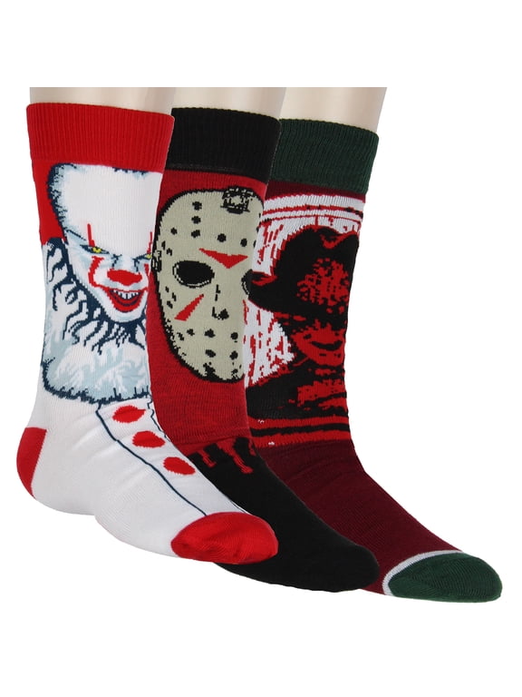 Horror Movie Socks Men's Pennywise Jason Voorhees And Freddy Krueger 3 Pack Mid Calf Crew Socks Shoe Size 6-12