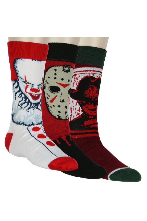 Horror Movie Socks Men's Pennywise Jason Voorhees And Freddy Krueger 3 Pack Mid Calf Crew Socks Shoe Size 6-12