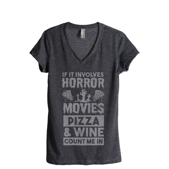 Horror Movies Pizza And Wine Women's Fashion Relaxed V-Neck T-Shirt Tee Charcoal Grey Medium