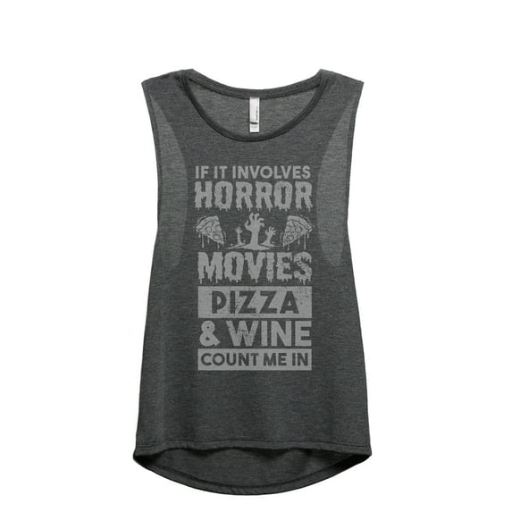 Horror Movies Pizza And Wine Women's Fashion Sleeveless Muscle Workout Yoga Tank Top Charcoal Grey Medium