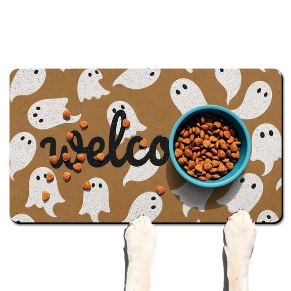 Horror Pumpkin Ghost Dog Food Mats for Floors Happy Halloween Absobing Durable 17x30 Inch Cat Food Mat Pet Feeding Mat Dog Water Bowl Mat for Messy Drinker