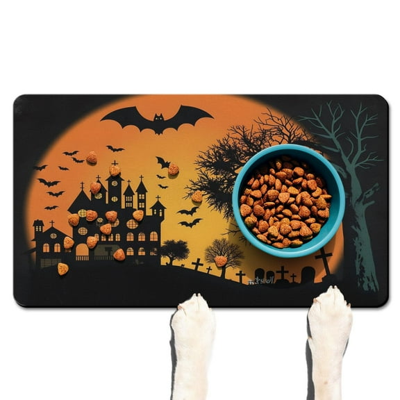 Horror Pumpkin Ghost Dog Mat for Food and Water Happy Halloween Absorbent Water Non-Skid 17x30 Inch Dog Bowl Mat Cat Mat for Food Dog Water Bowl Mat for Messy Drinker