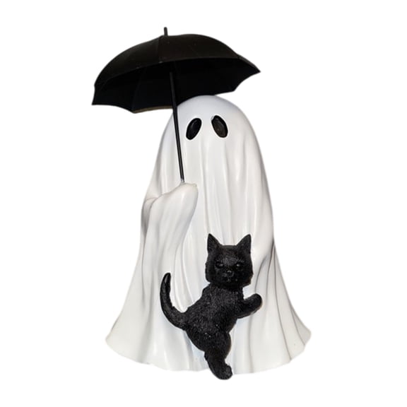 Horror Resins Ghostly and Black Cats Statue with Umbrella Figurine Halloween Home Decors For Party Shelf Desktop Display