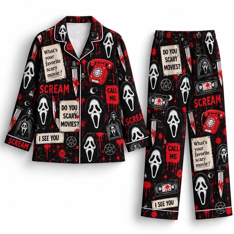 Horror Satin Pajama Set, Scary Movie-Inspired Halloween Sleepwear ...