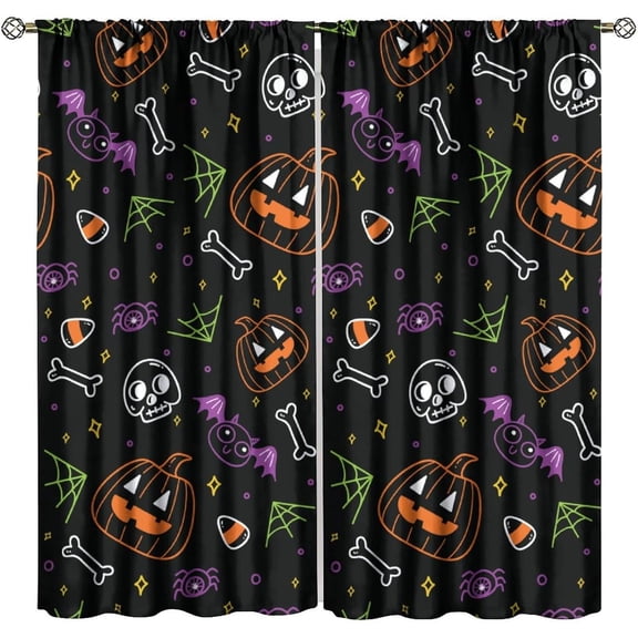 Horror Scary Halloween Blackout Curtains, Spooky Gothic Colorful Evil Pumpkin Lantern Star Bat Bone Skull Spider Web Pattern Window Drapes, for Bedroom Living Room 84" W X 84" L