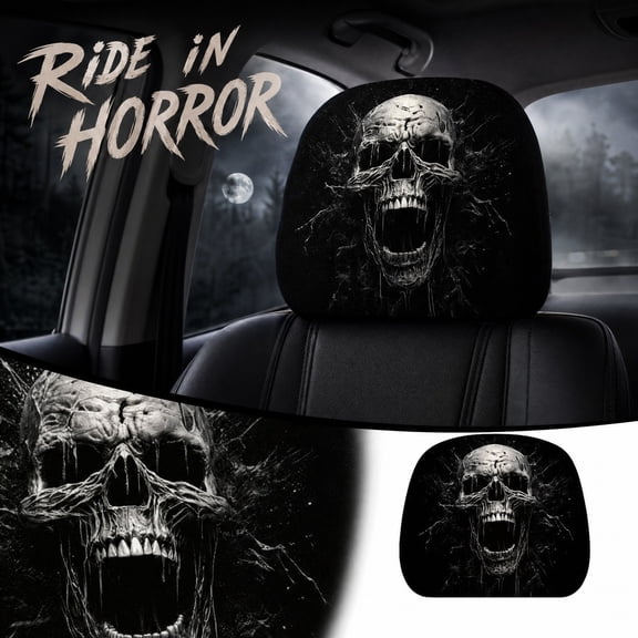 Horror Screaming Skull Elastic Car Headrest Cover, Stretch Polyester Universal Auto Headrest Protector, Gothic Black White Skull Print Vehicle Interior Accessory for Halloween Car Decor Daily Driving